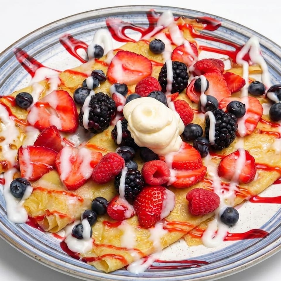 Crepe topped with strawberries, blueberries, blackberries, raspberries, banana, and drizzled with red berry sauce and white cream.