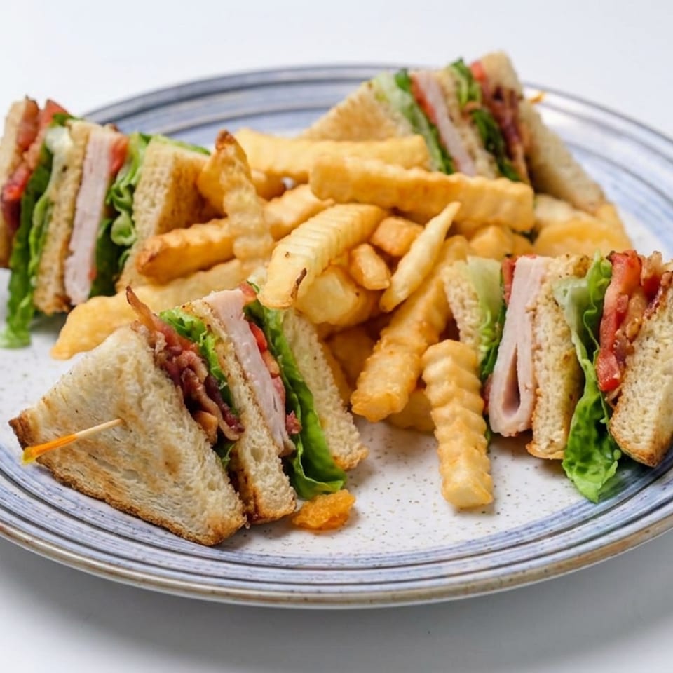 Plate of club sandwich quarters with lettuce, tomato, bacon, and turkey, surrounded by golden crinkle-cut fries.