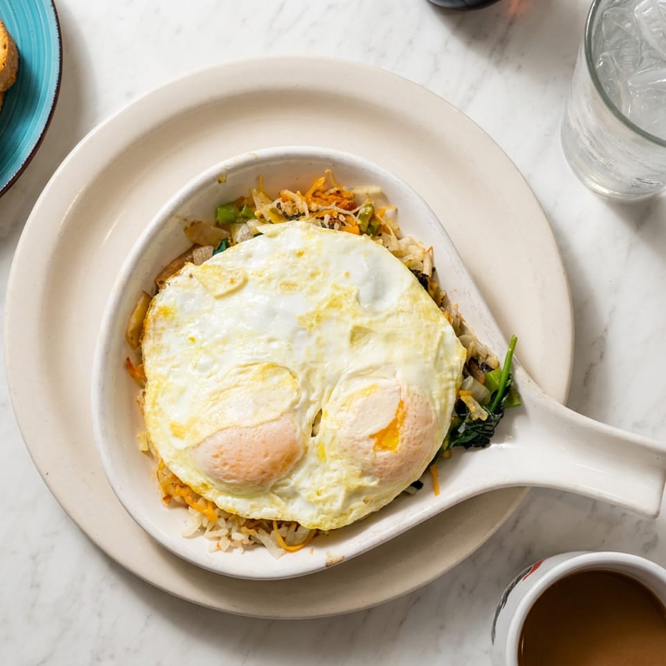Breakfast skillet topped with two fried eggs, served with toast, bacon, gravy, and iced water on a marble table.